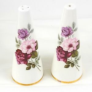 - Delphine bone china salt and pepper shakers made in England
